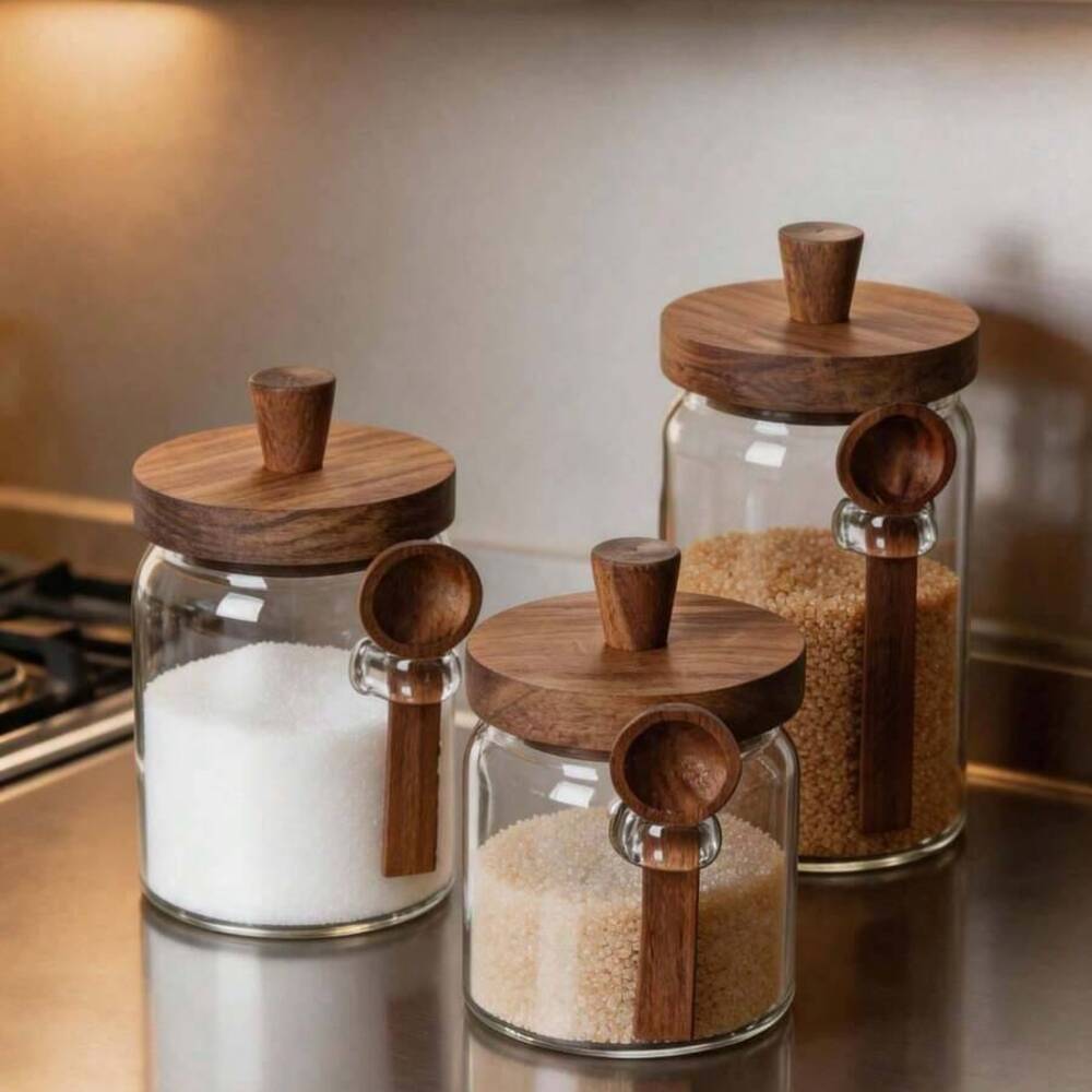 3Pcs Set Clear Glass Jars with - Coffee Tea Canister Set ulasan dan harga