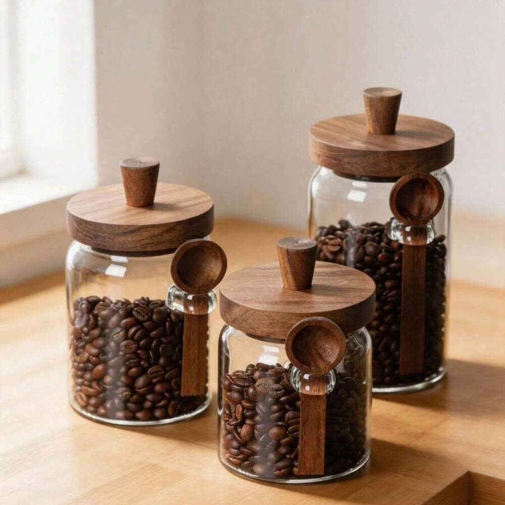 3Pcs Set Clear Glass Jars with - Coffee Tea Canister Set ulasan dan harga