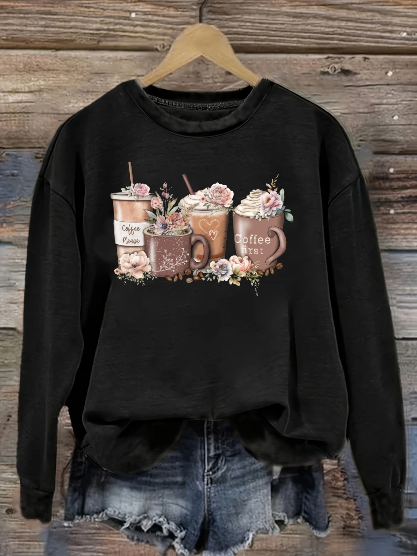 Women's Casual Long Sleeve Cre - Coffee & Tea Ken'S House ulasan dan harga