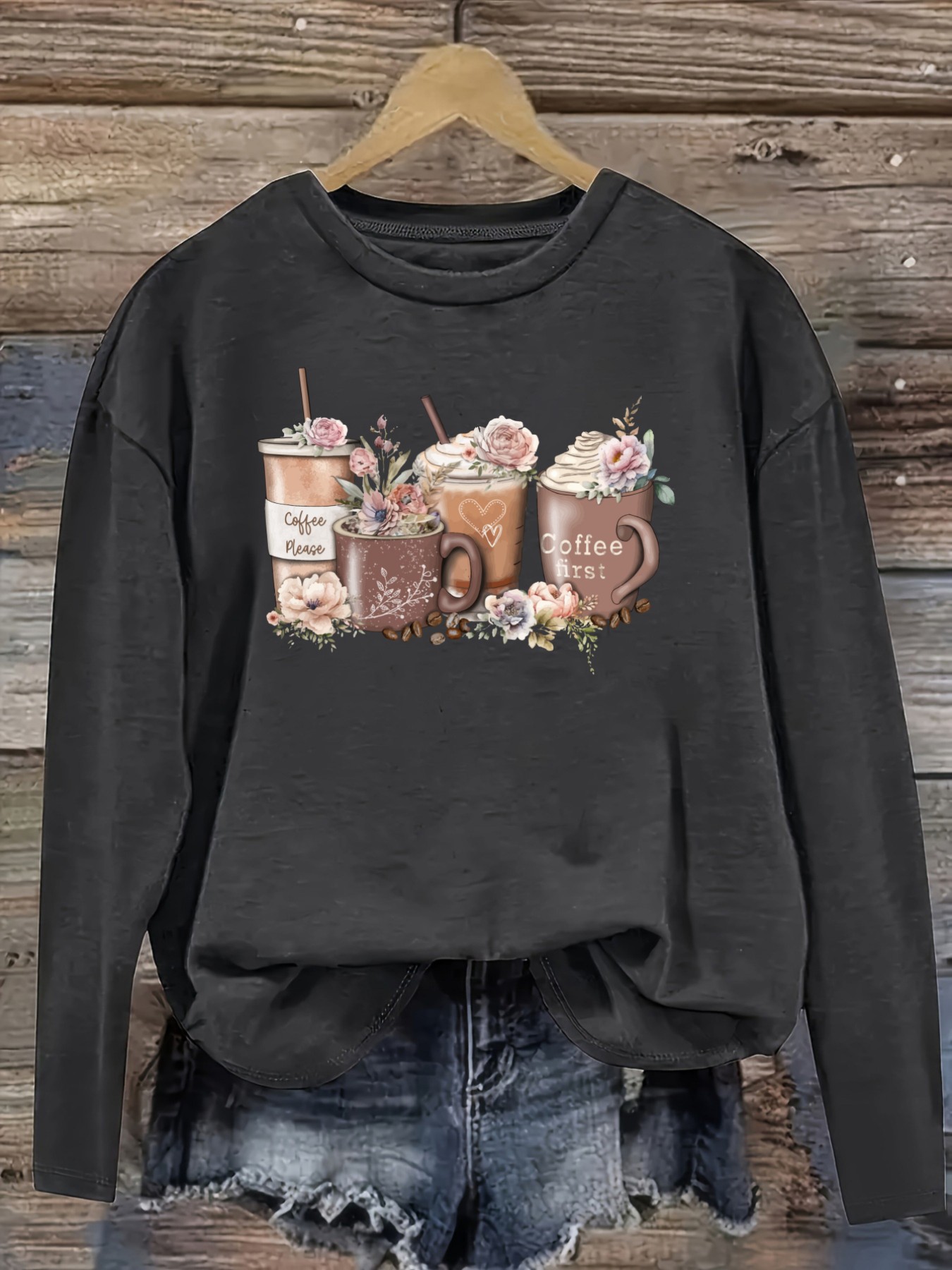 Women's Casual Long Sleeve Cre - Coffee & Tea Ken'S House ulasan dan harga