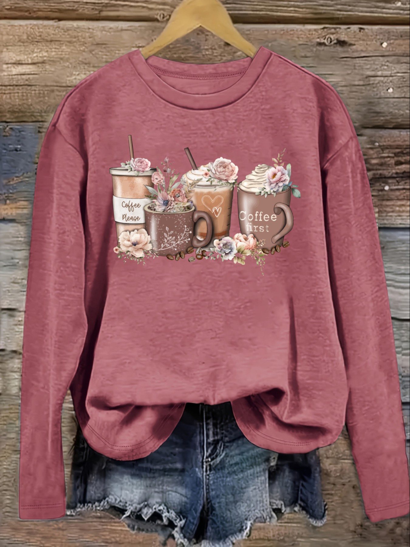 Women's Casual Long Sleeve Cre - Coffee & Tea Ken'S House ulasan dan harga