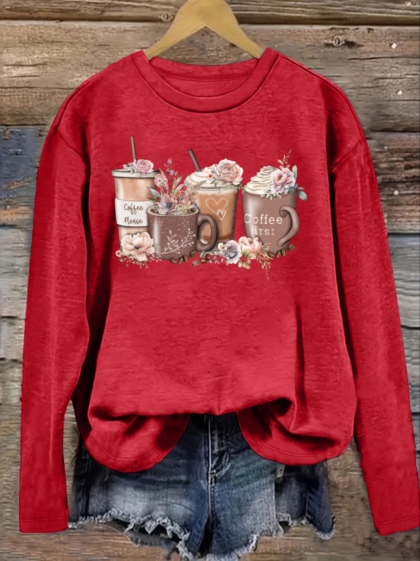 Women's Casual Long Sleeve Cre - Coffee & Tea Ken'S House ulasan dan harga